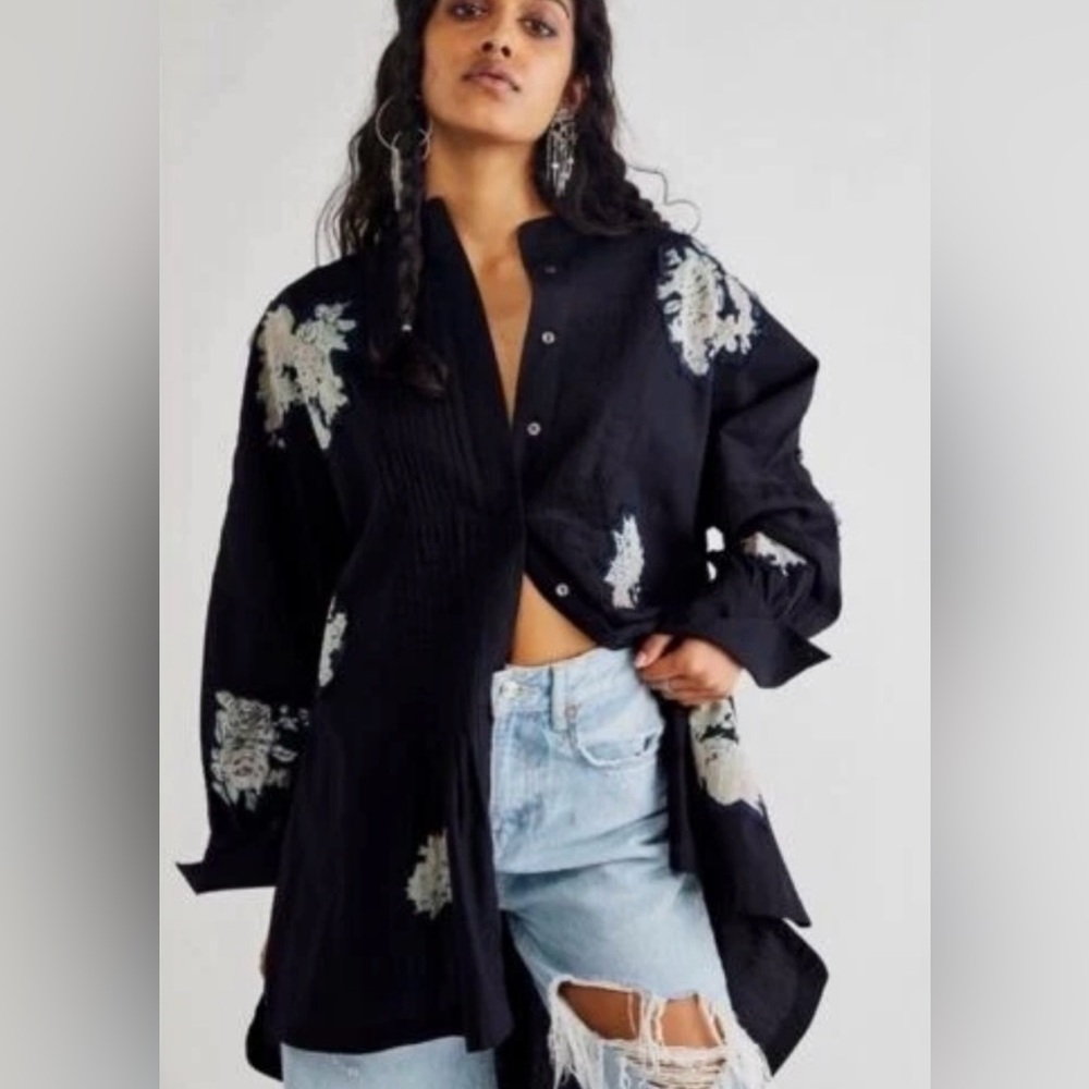 Black Embroidered Longline Shirt Dress - Women
